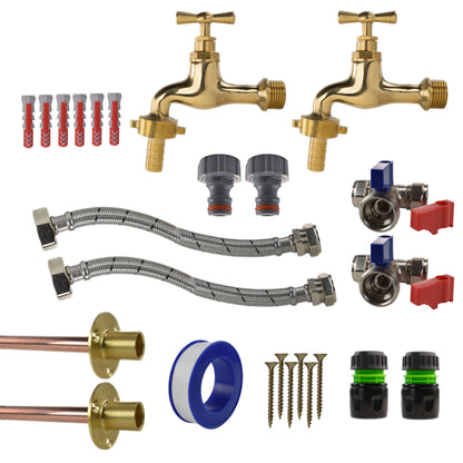 Polished brass 13mm barbed tap kit x2 with lime line hose connectors and braided hoses