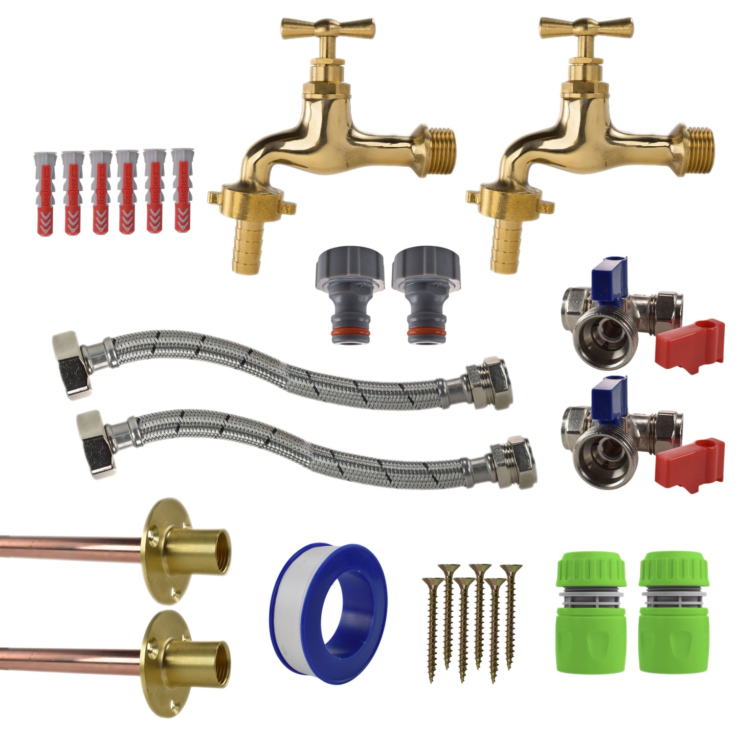 Polished brass 13mm tap kit with white hose connectors, braided hoses, valves, fittings