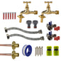 Polished brass 13mm tap kit with lime hose connectors, braided hoses, valves, fittings