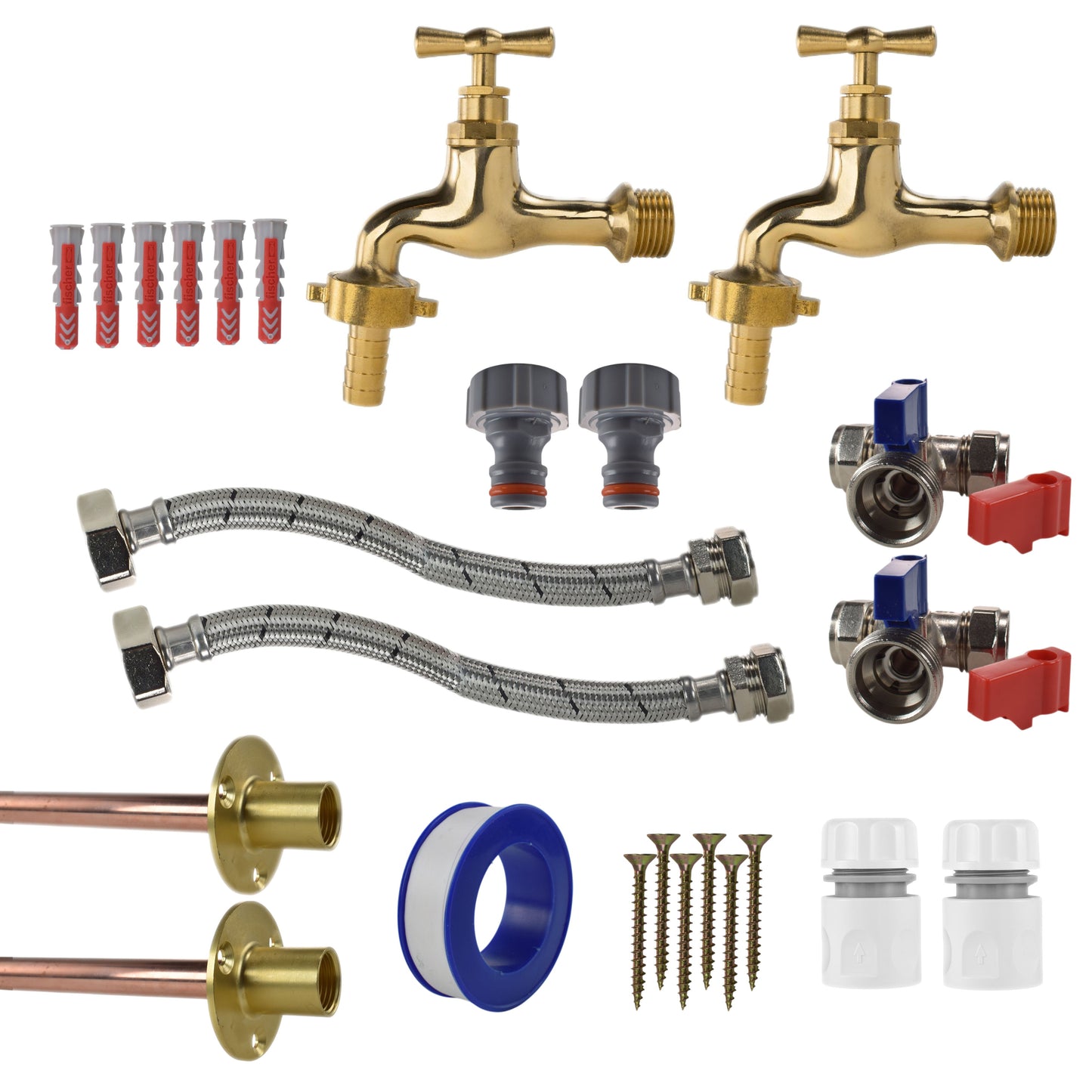 Polished brass 13mm tap connection kit with two taps, hoses, fittings, washers, screws