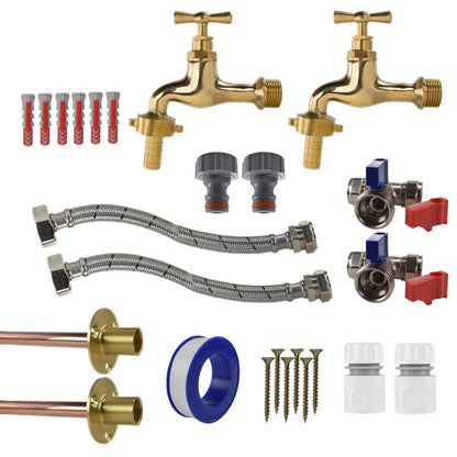 Polished brass 13mm tap connection kit with two taps, hoses, fittings, washers, screws