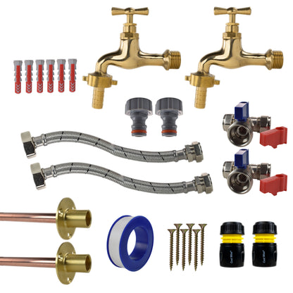Polished brass 13mm barbed tap kit x2 with yellow line hose connectors and braided hoses