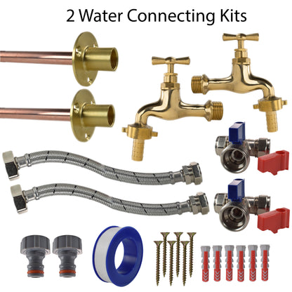 Polished brass tap connection kit x2: valves, braided hoses, screws, and hose connectors