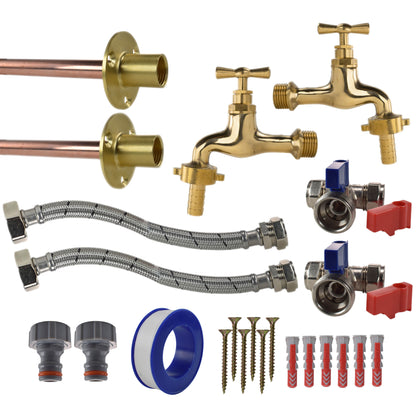 Polished brass 13mm barb standard tap connector kit x2 with braided hoses and fittings