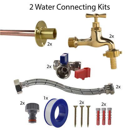 Set of 2 water connecting kits with brass taps, braided hoses, and push fittings