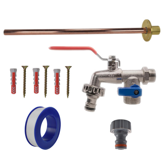 Double Lever Tap Basic Connection Kit with valve, copper pipe, screws, and hose connectors