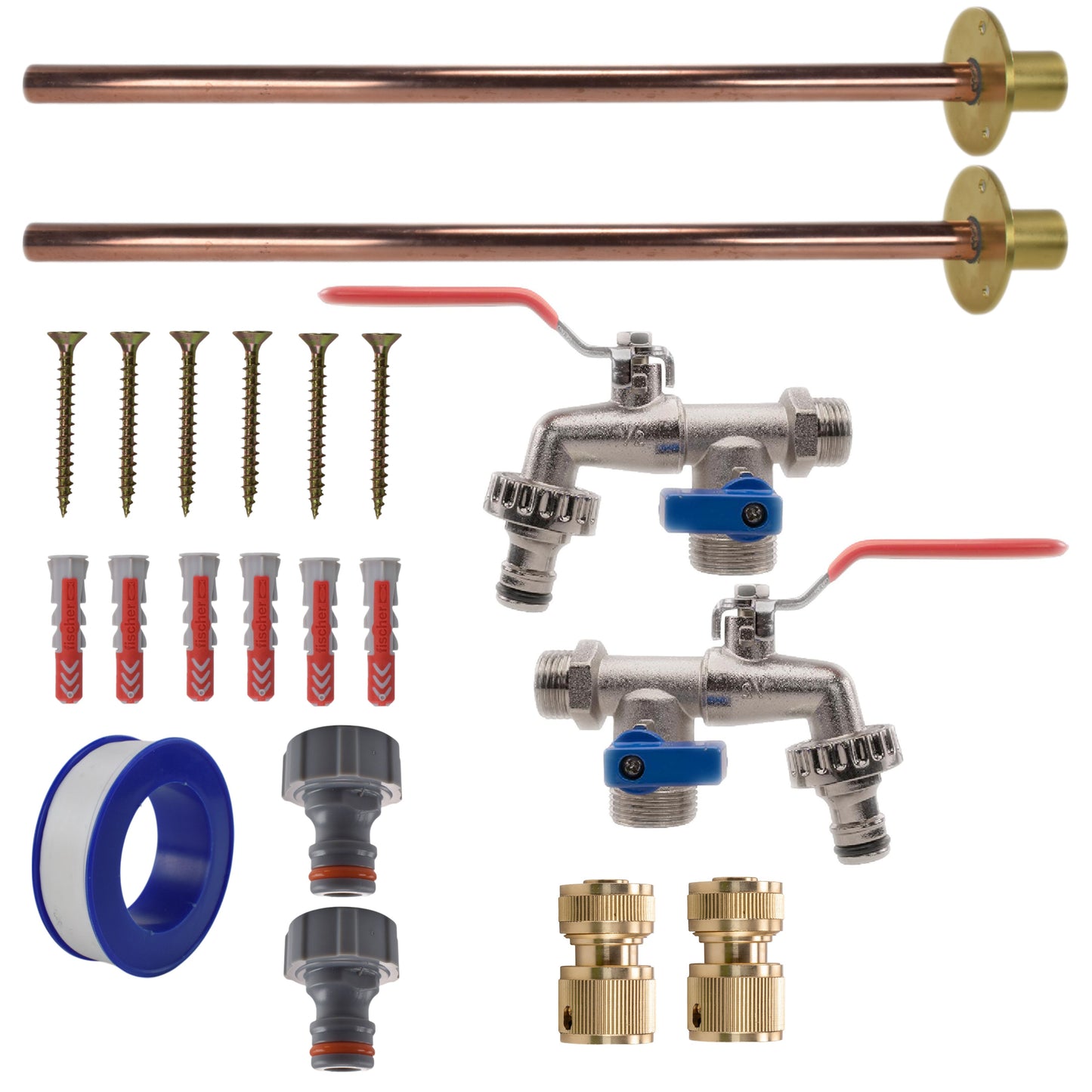 Doppelhebel-Tap BASIC Anschlussset x2 mit Messing-Anschlüssen, Ventile, blaue Hebel
