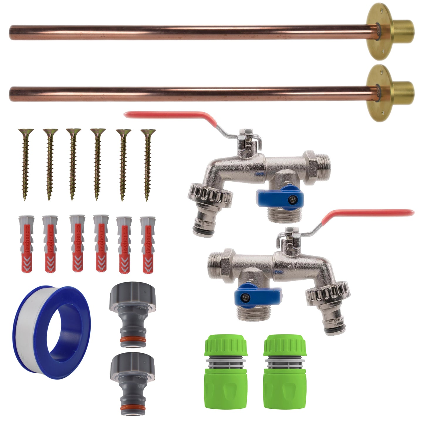 Double Lever Tap kit x2 with copper pipes, two valves, blue ring, grey parts and green hose connectors