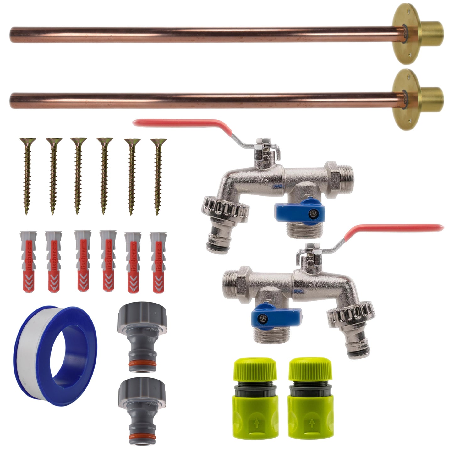 Double Lever Tap kit x2 with copper pipes, two valves, blue ring, grey connectors, green tips