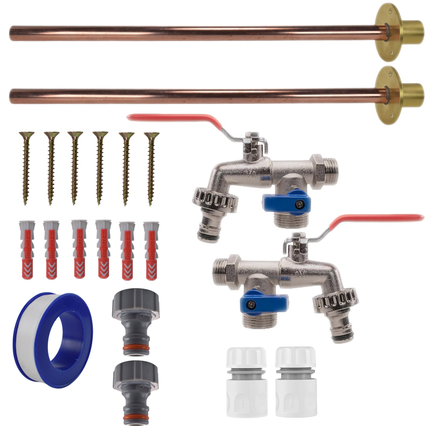 Double Lever Tap kit x2 with copper pipes, two metal valves, blue ring and grey connectors
