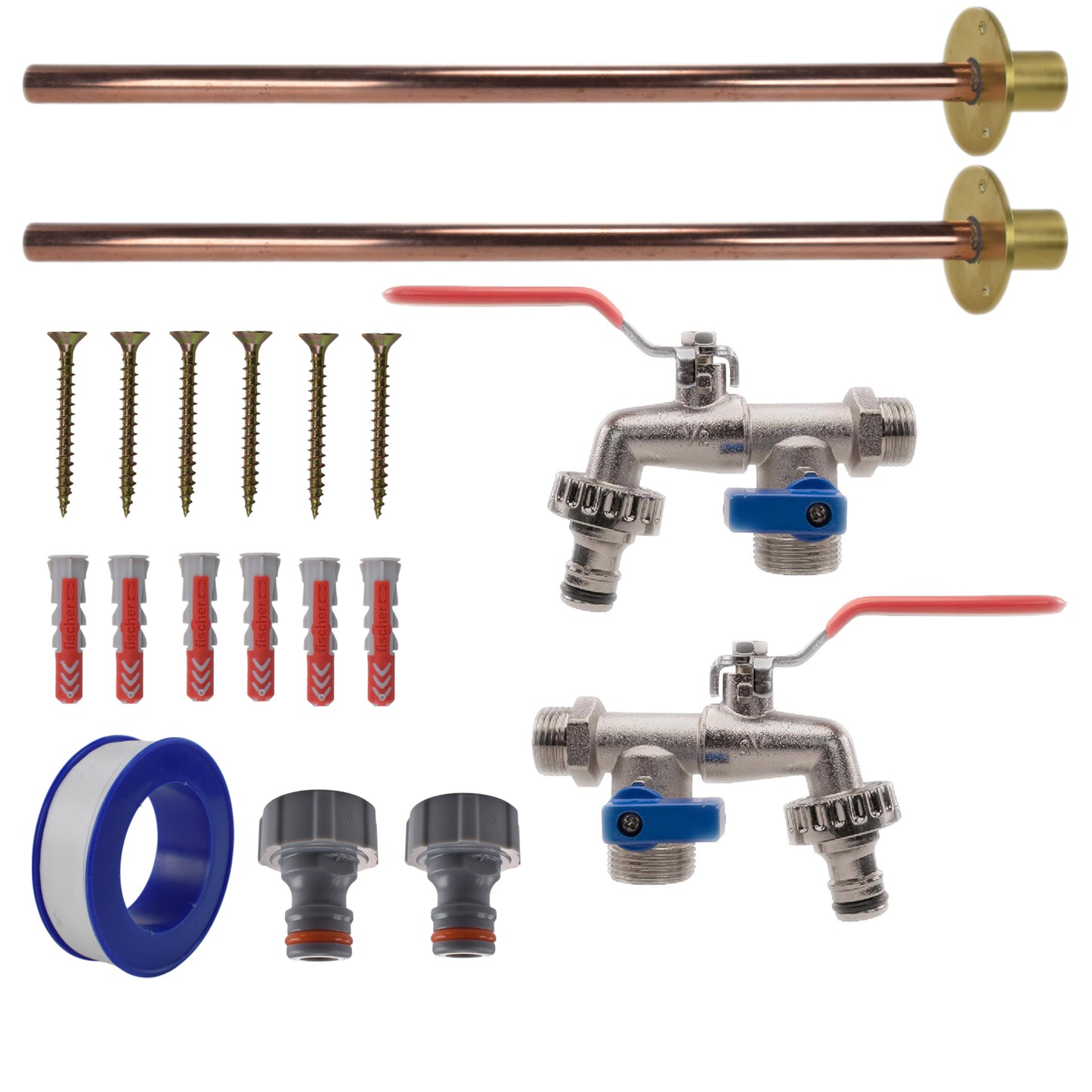 Double Lever Tap BASIC connection kit x2 with two brass valves, copper pipes, fittings