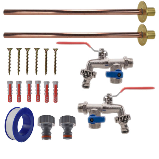 Double Lever Tap BASIC connection kit x2 with two brass valves, copper pipes, fittings