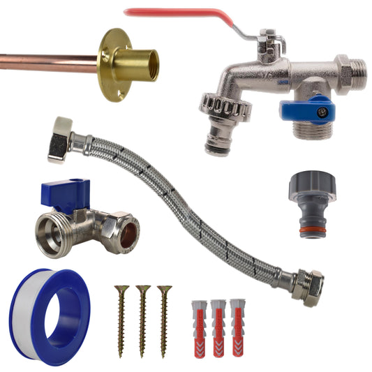 Double lever tap standard connection kit with braided hoses, fittings, washers and screws
