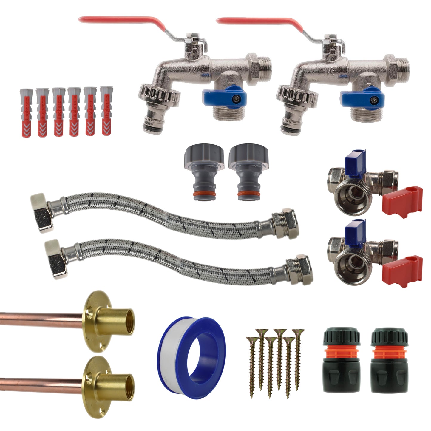 Double lever tap connection kit x2: lime-green/orange hose connectors, brass adapters
