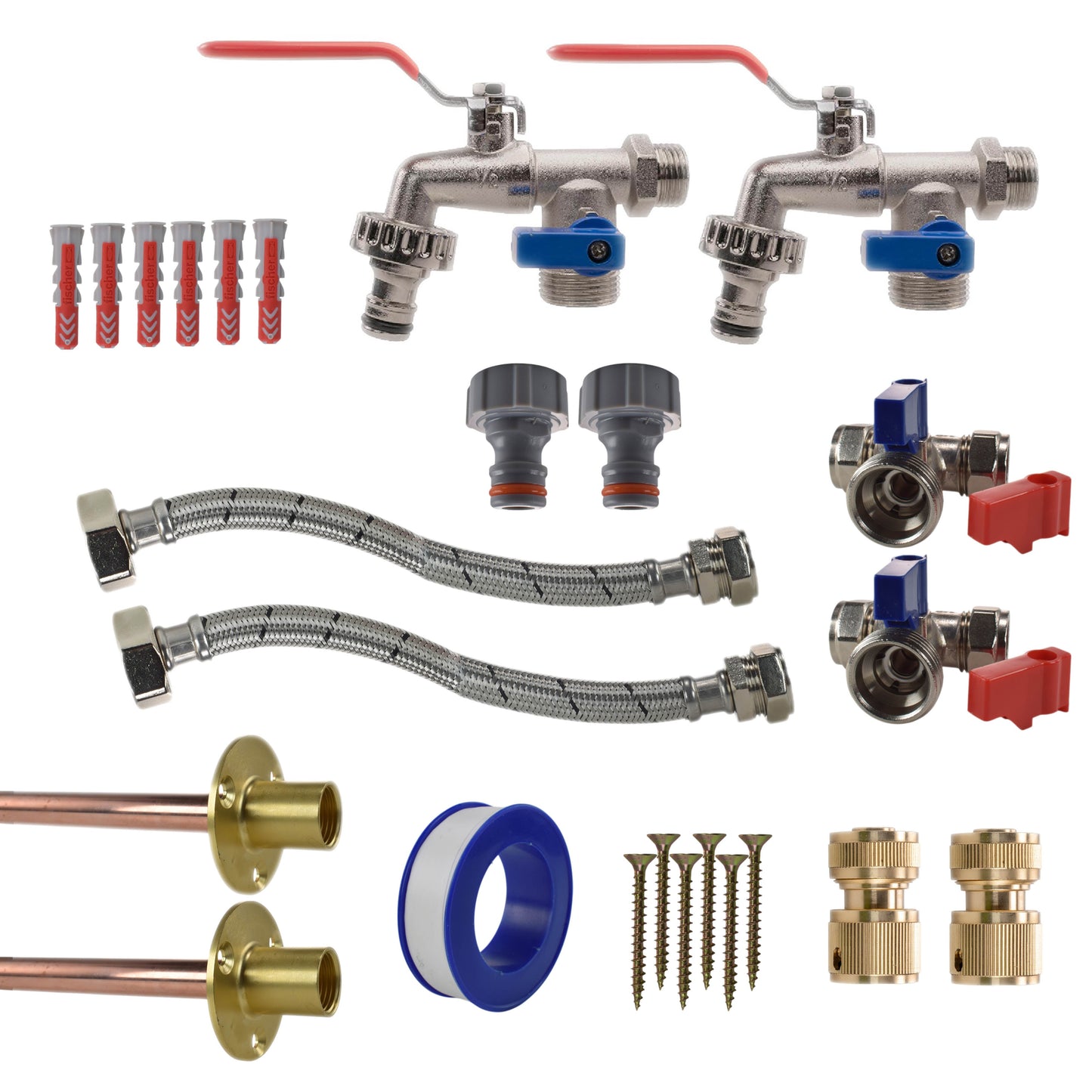 Double lever tap connection kit x2: grey/white hose connectors, brass tap adapters