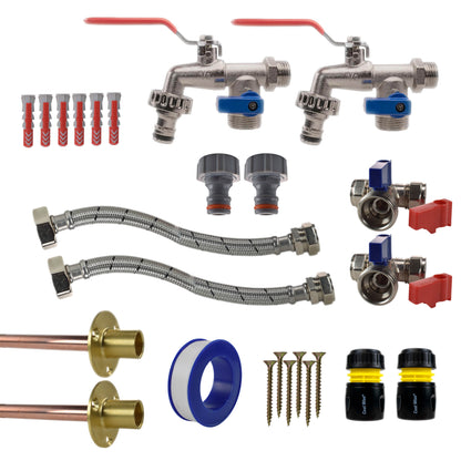Double lever tap connection kit x2: lime-green/yellow hose connectors, brass adapters