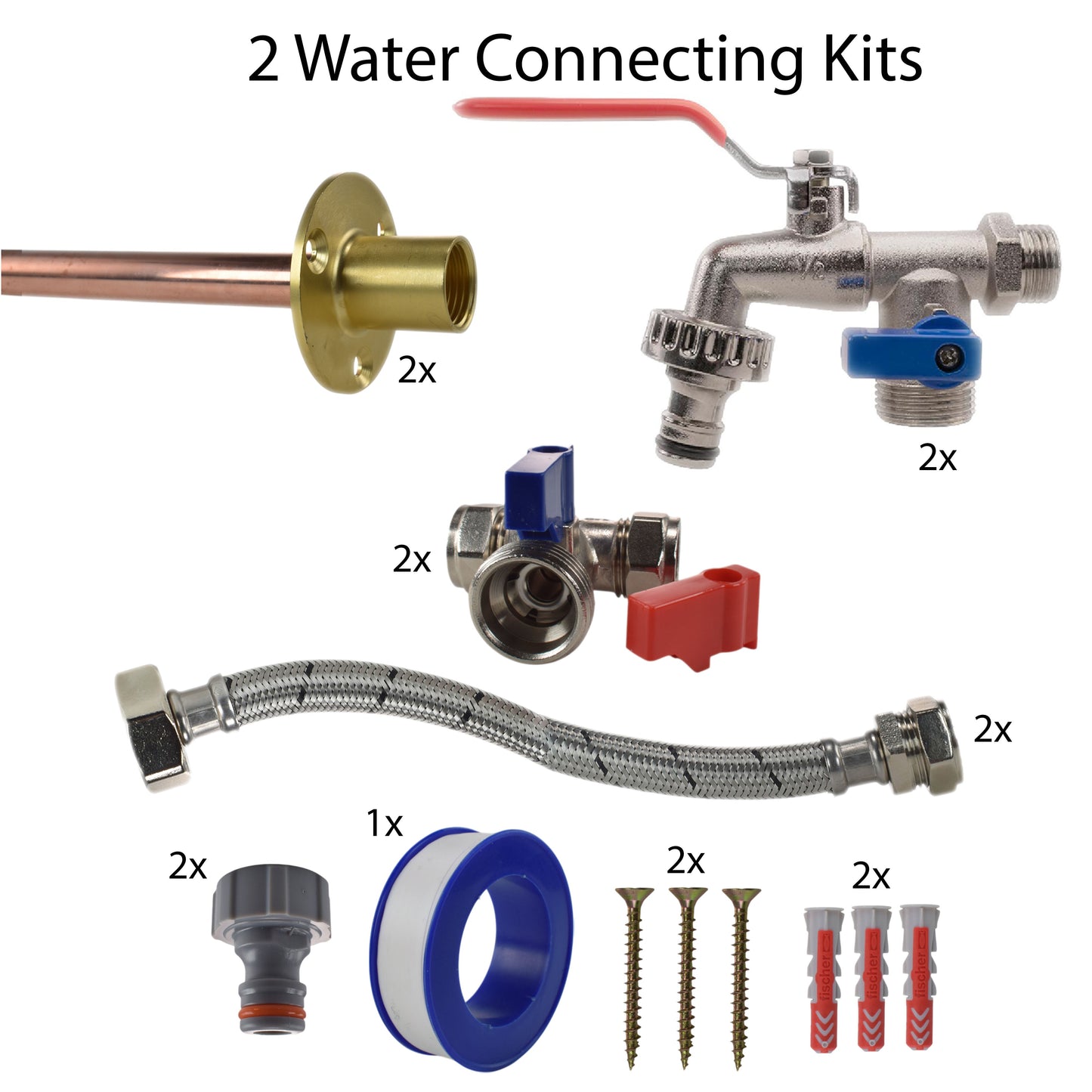 Connection Kit x2 contents: double lever valve set, braided hoses, fittings and seals