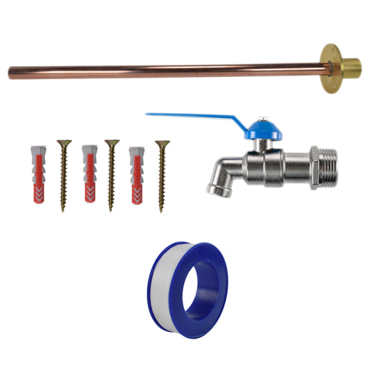 Lever tap connection kit: copper pipe, brass plate, valve with blue handle, screws