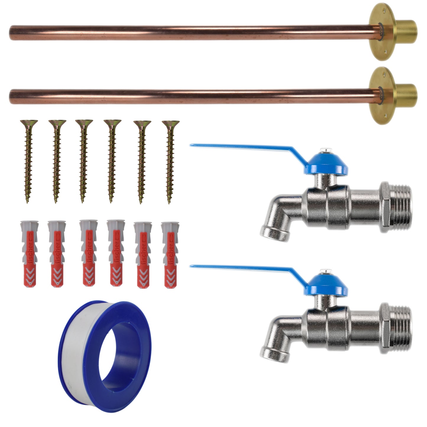 Lever Tap BASIC connection kit x2: copper pipes, brass end fittings, screws and washers