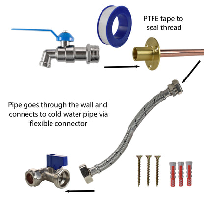 Cold water connection kit parts: blue seal sleeve, braided hose, PTFE tape and screws