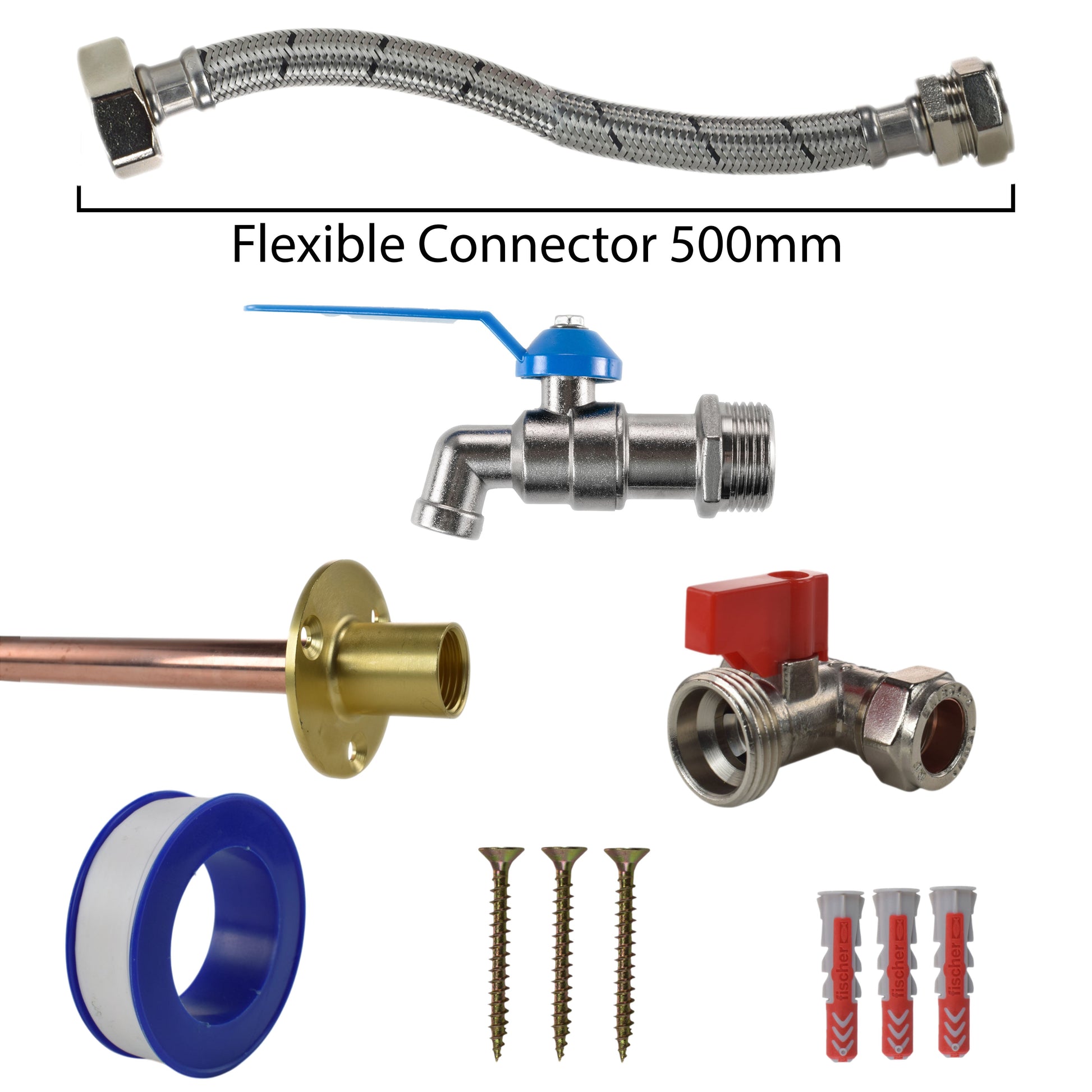 Flexible connector 500mm with lever tap valve, braided hose, wall flange and screw set
