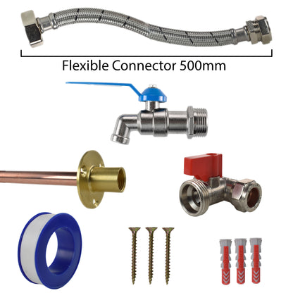 Flexible connector 500mm with lever tap valve, braided hose, wall flange and screw set