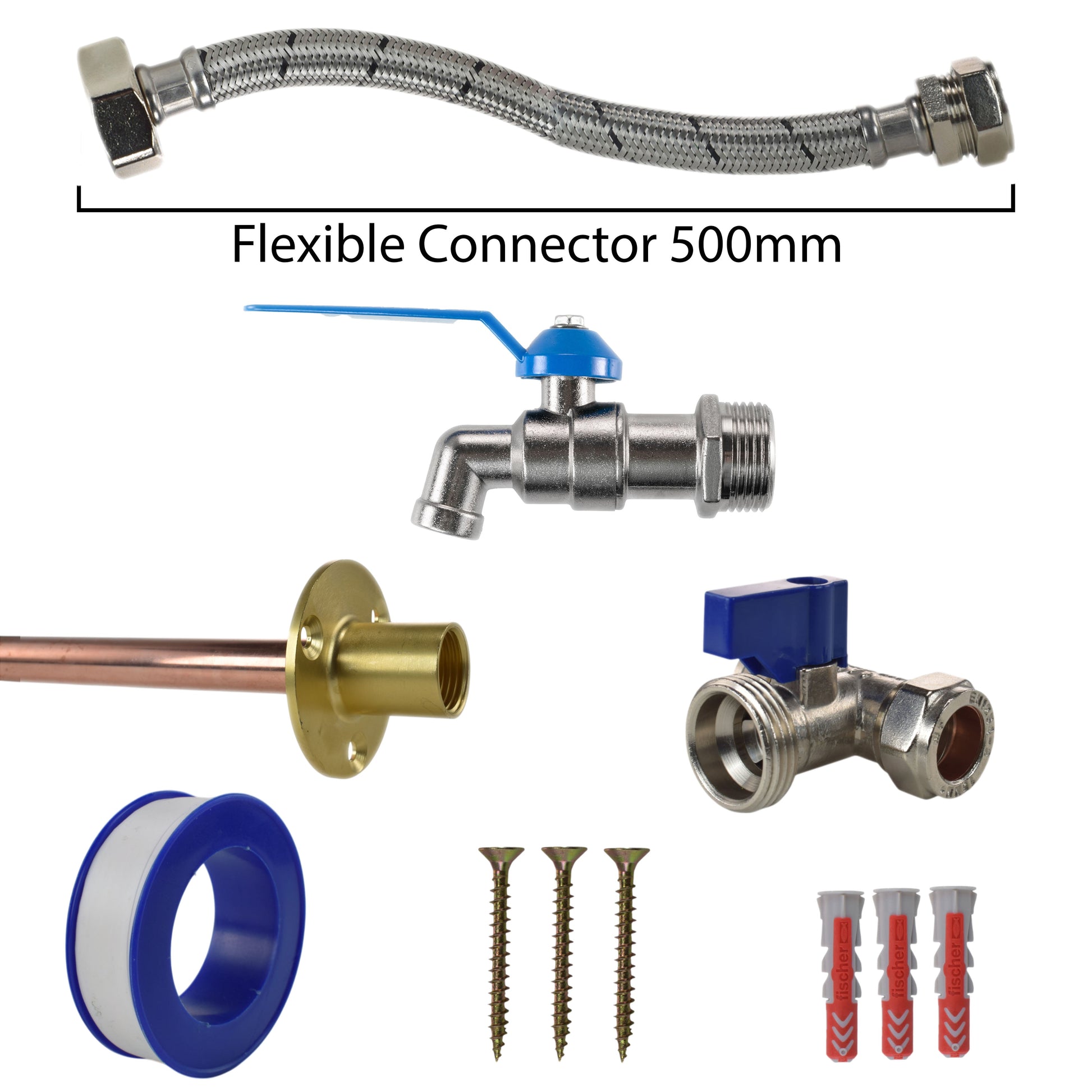 Flexible connector 500mm kit: braided hose, lever valve, wall plate and three screws