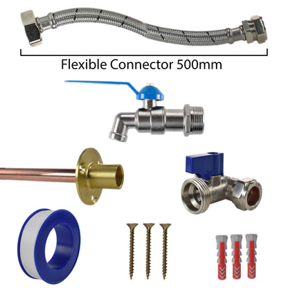 Flexible connector 500mm kit: braided hose, lever valve, wall plate and three screws