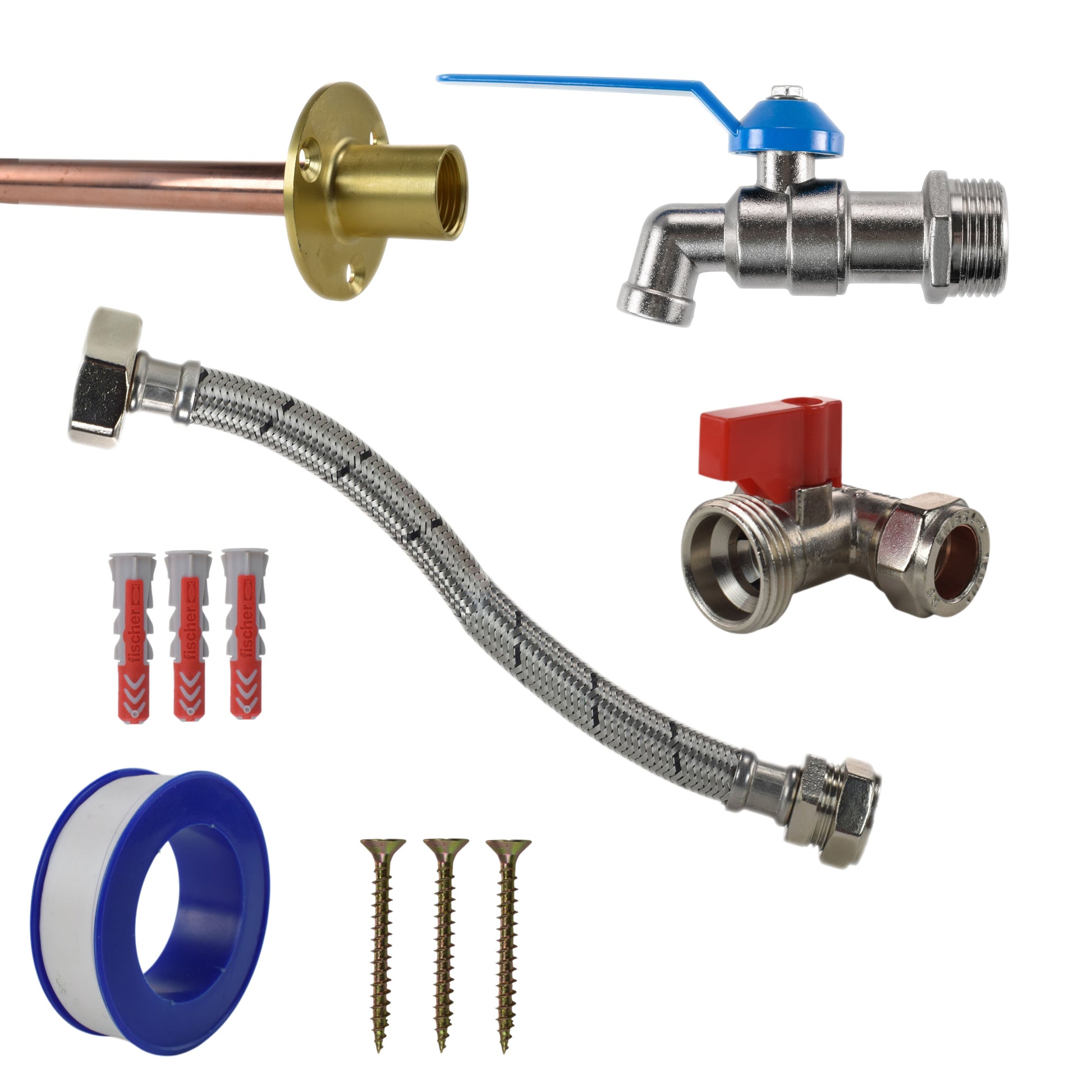 Lever Tap STANDARD kit with braided hose, wall plate, T-connector and fitting parts
