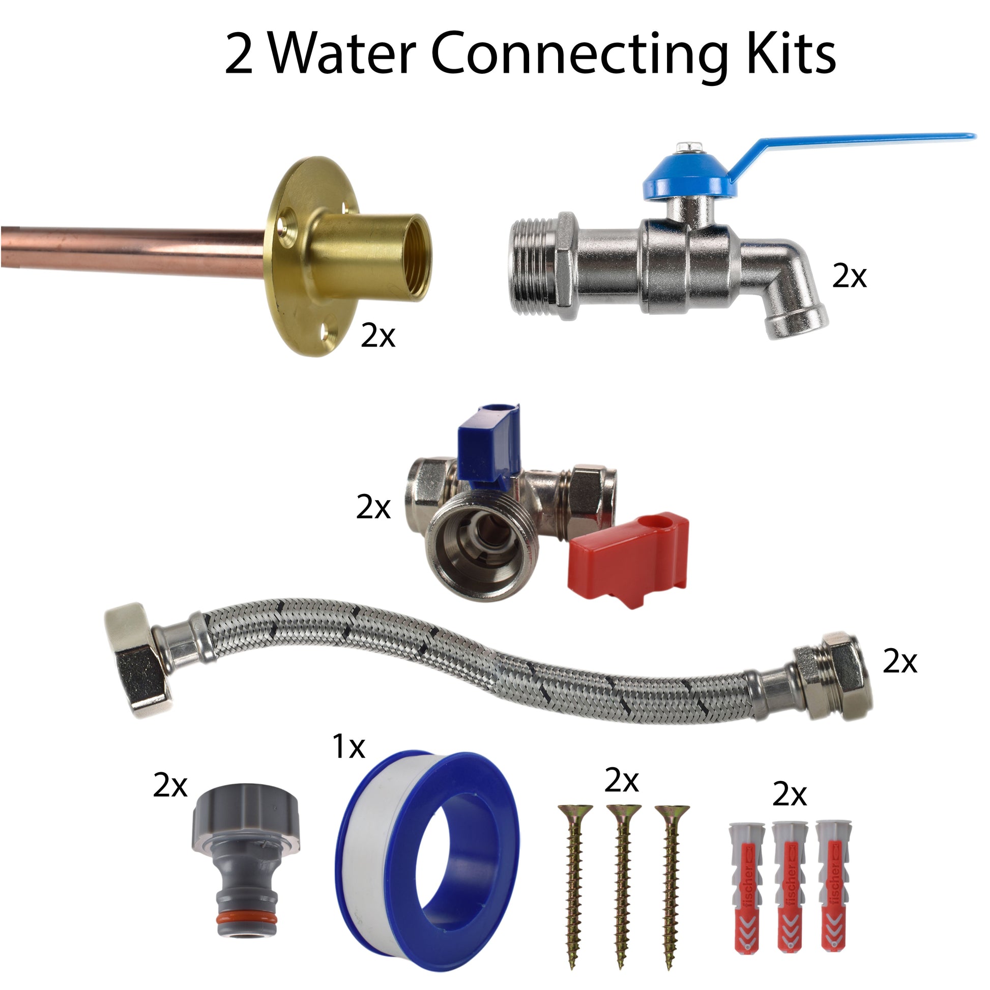 Zwei Wasseranschluss-Kits: 2 Ventile, Messingadapter, Schlauchbündel, Zubehör