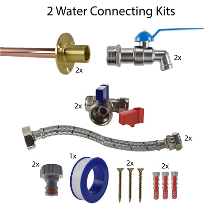 Zwei Wasseranschluss-Kits: 2 Ventile, Messingadapter, Schlauchbündel, Zubehör