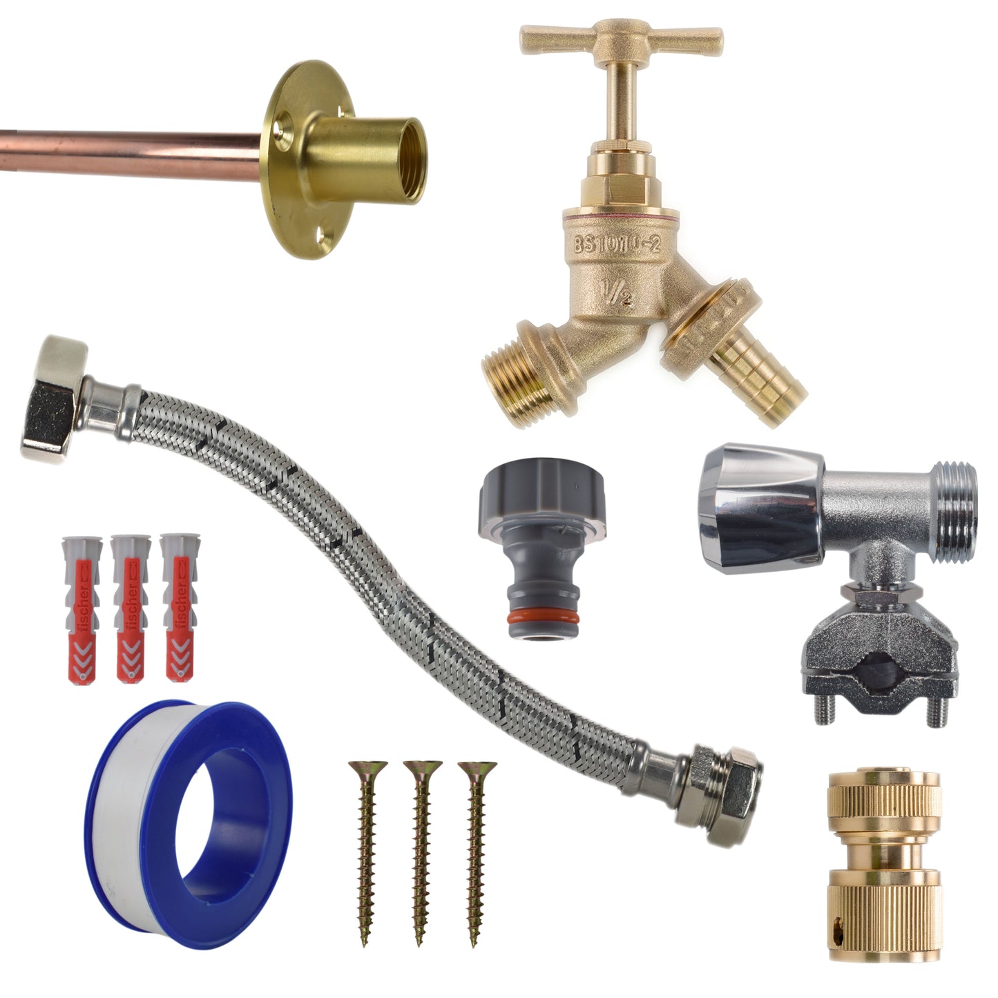 Brass barbed full tap kit with brass hose connector and braided flex hose