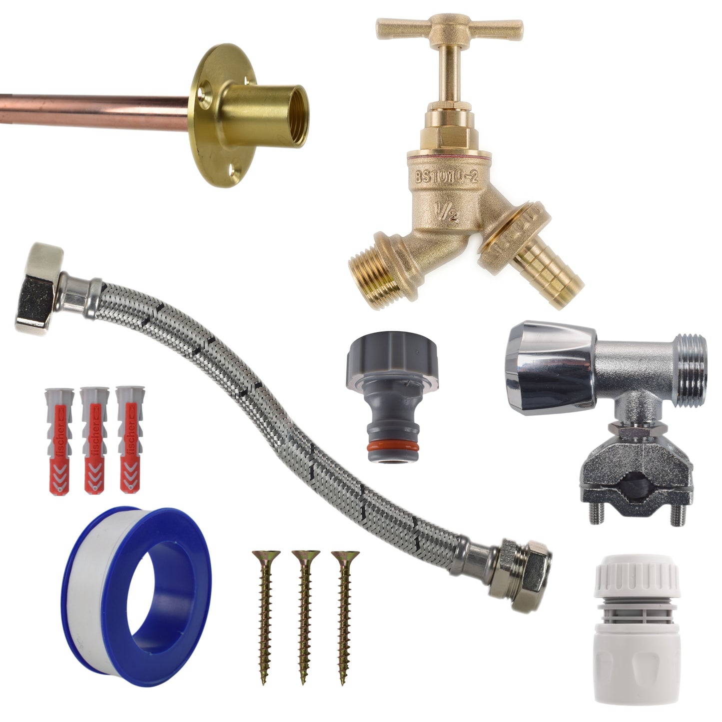Brass barbed full tap kit with white hose connector and braided flex hose