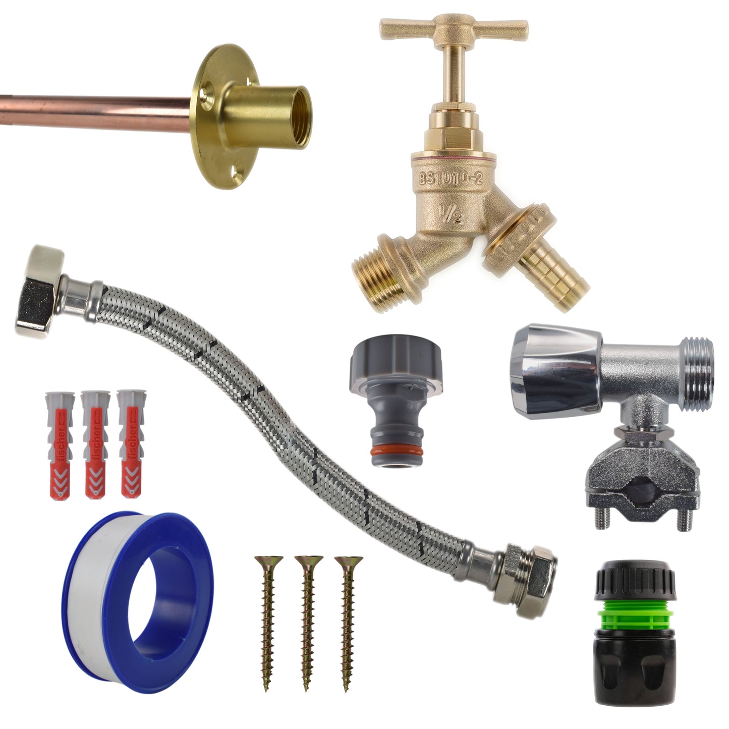 Brass barbed full tap kit with black housing and green hose connector