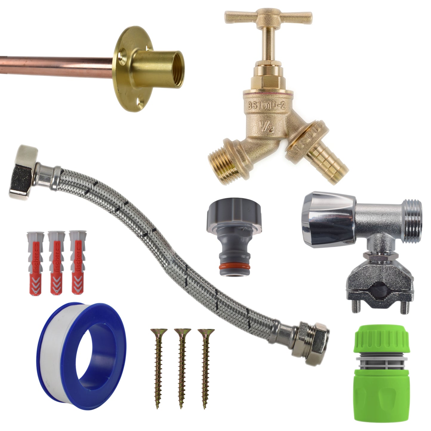 Brass barbed full tap kit with green hose connector and braided flex hose