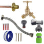 Brass barbed full tap kit with green hose connector and braided flex hose