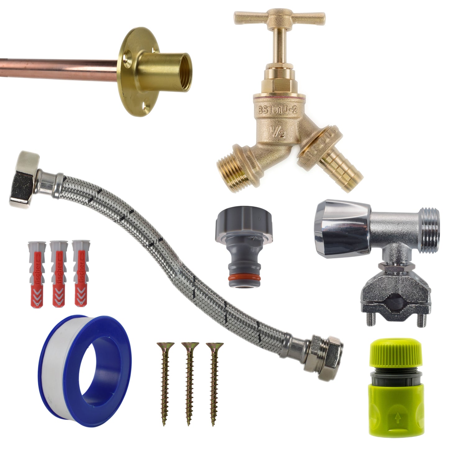 Complete tap connection kit with lime-green connector, braided flex hose and brass parts
