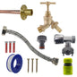 Complete tap connection kit with lime-green connector, braided flex hose and brass parts