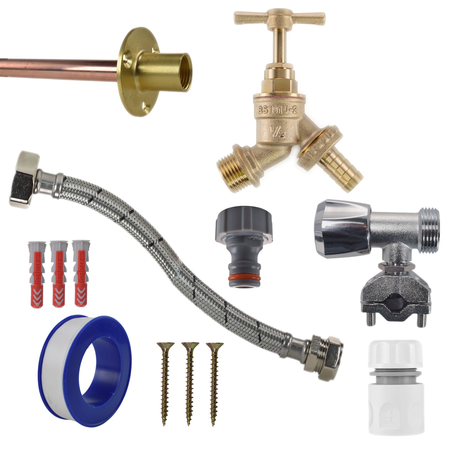 Complete tap connection kit with white line connector, braided flex hose and brass valves
