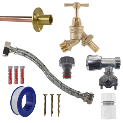 Complete tap connection kit with white line connector, braided flex hose and brass valves