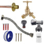 Complete tap connection kit with white line connector, braided flex hose and brass valves