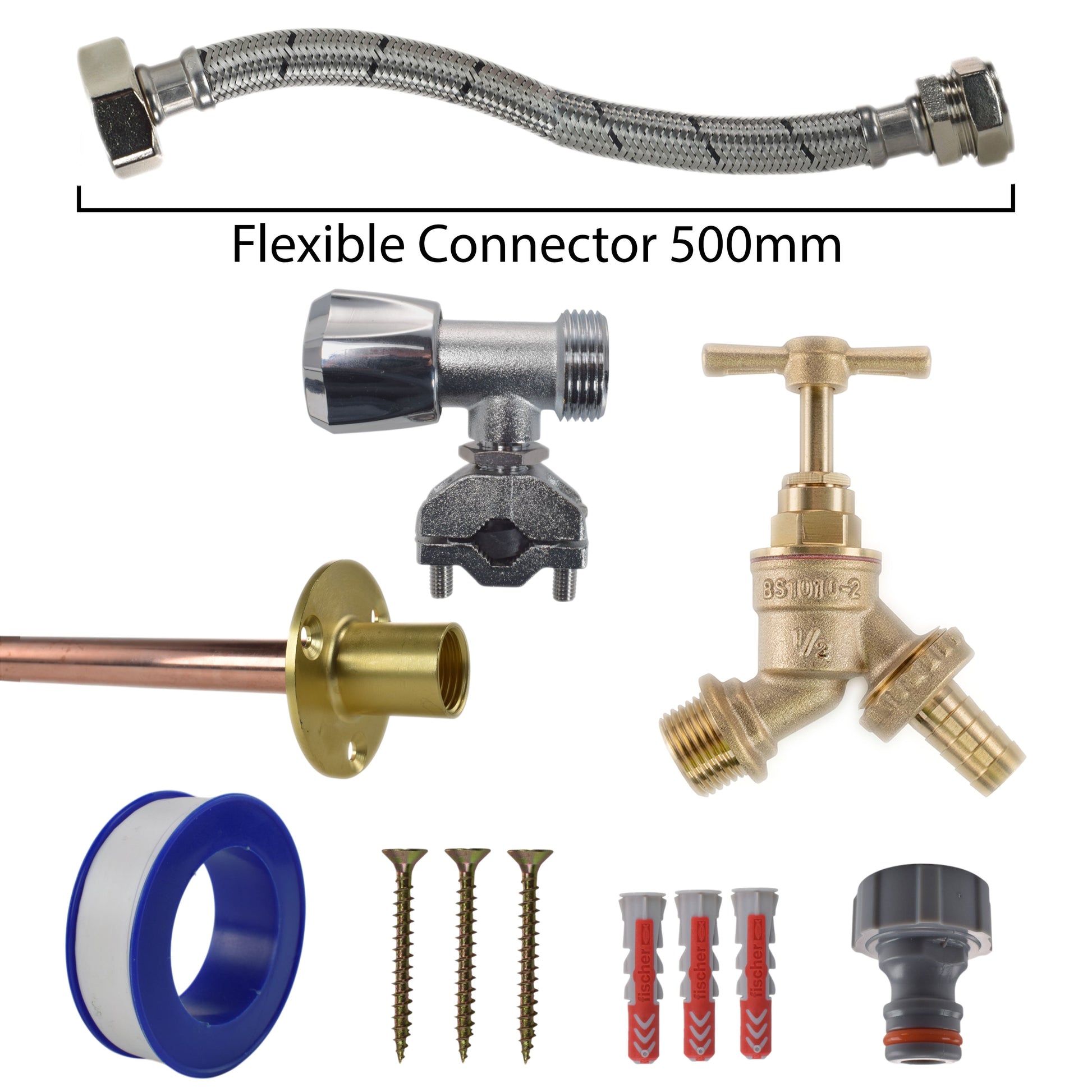500mm flexible connector kit with bib tap fitting, chrome valve parts and hose connector ends