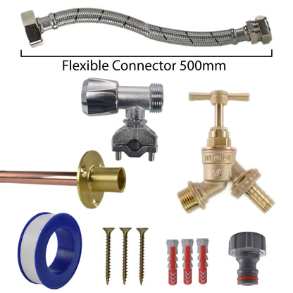 500mm flexible connector kit with bib tap fitting, chrome valve parts and hose connector ends