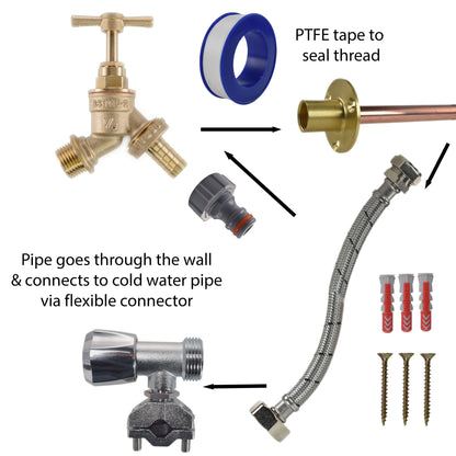 Brass Barbed Bib Tap connection kit with PTFE tape, flexible connector and thread fittings