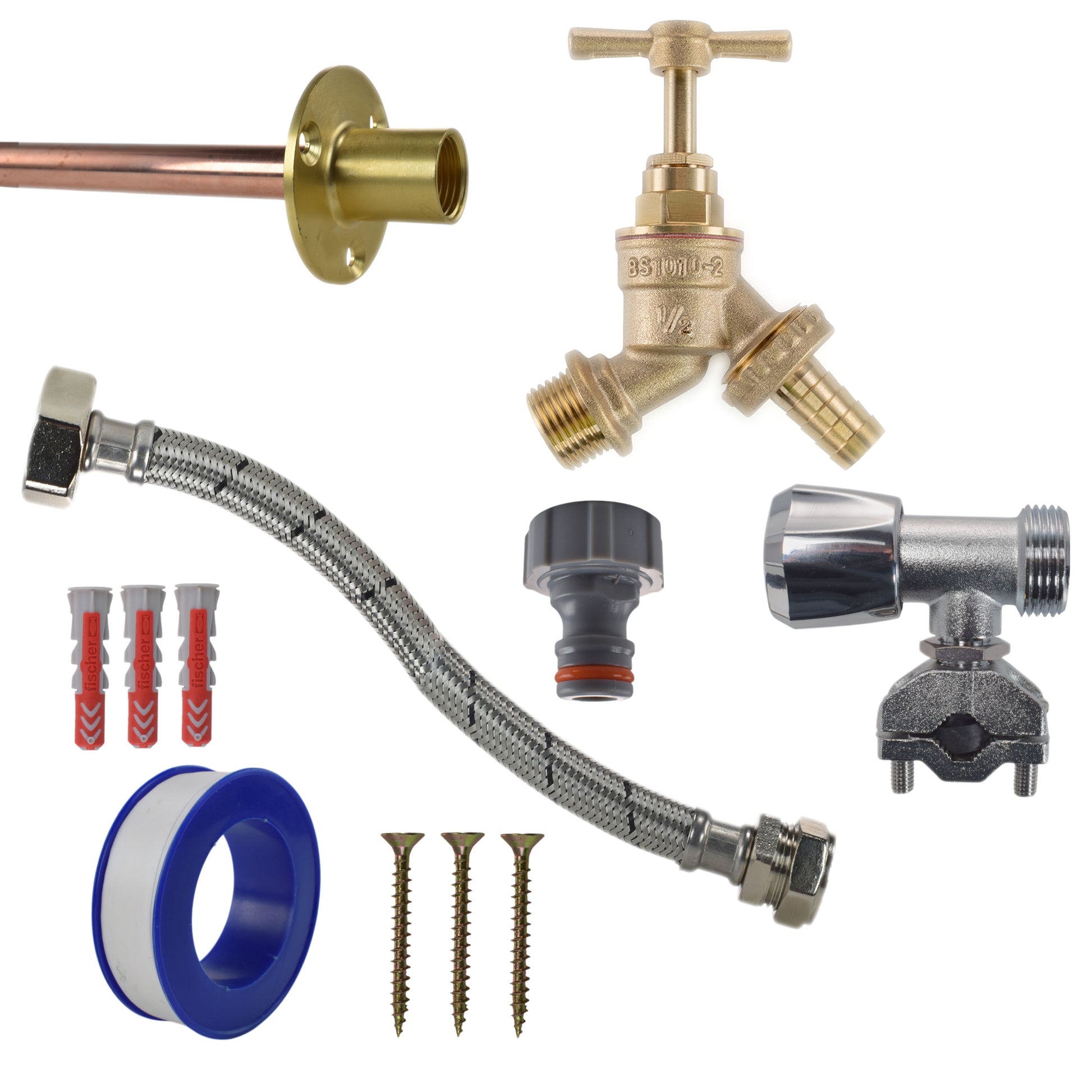 Complete tap connection kit with blue adapter ring, braided flex hose and brass parts