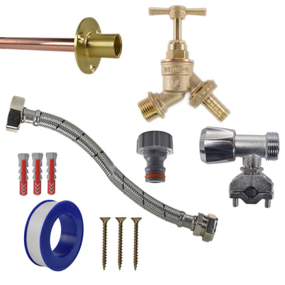 Complete tap connection kit with blue adapter ring, braided flex hose and brass parts