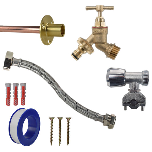Brass quick connect full tap kit: brass valve, braided hose, wall flange, screws