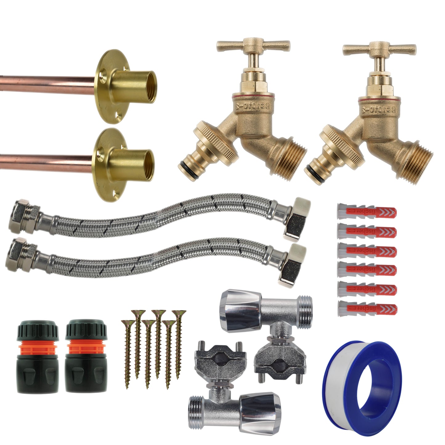 Brass Bib Tap Full Kit x2: geflochtene Schläuche, schwarze Anschlüsse mit roter Markierung