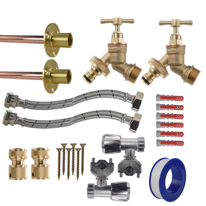 Brass Bib Tap Full Kit x2: geflochtene Schläuche, Messinganschlüsse, blaues Dichtband