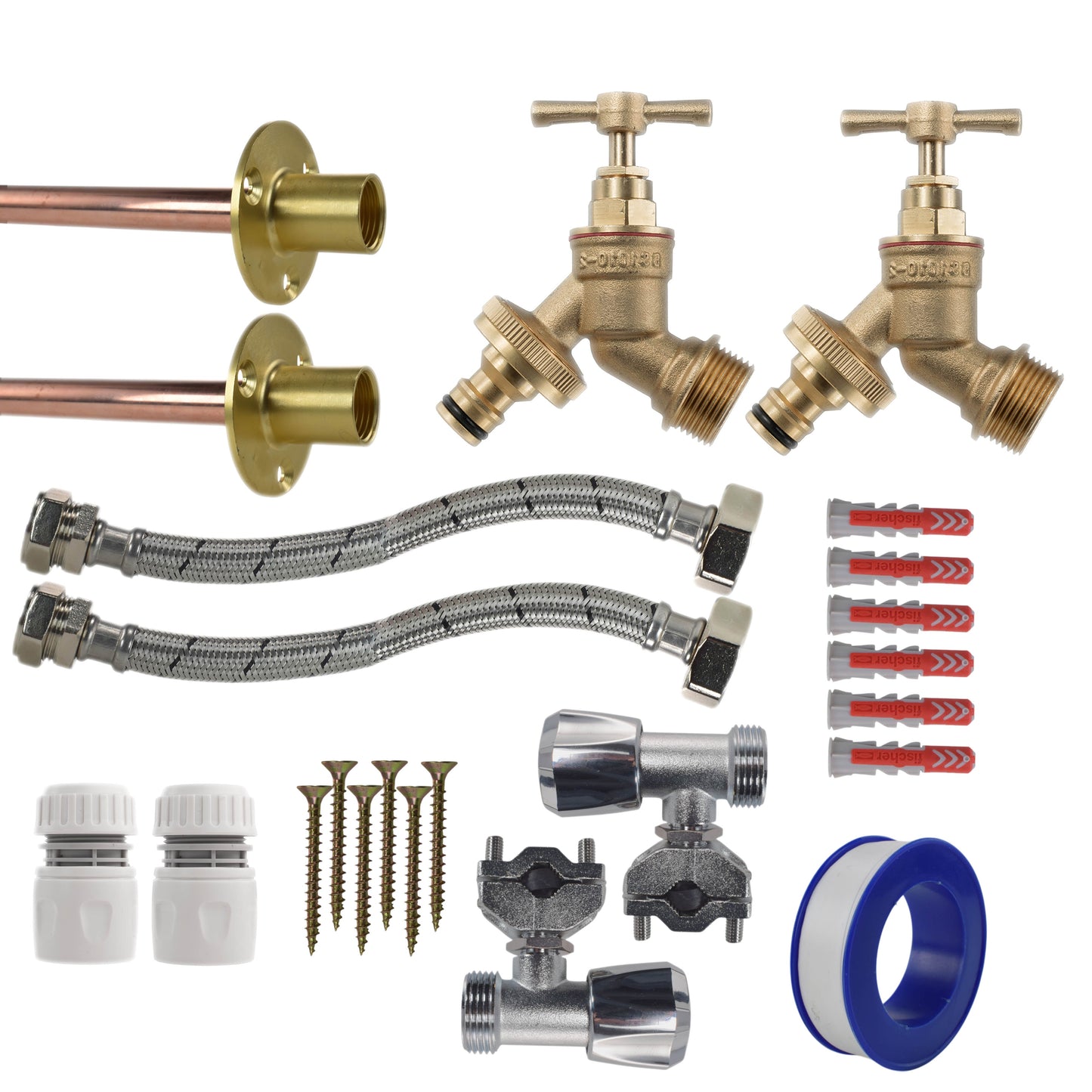 Brass Bib Tap Full Kit x2: geflochtene Schläuche, weiße Anschlüsse, blaues Dichtband